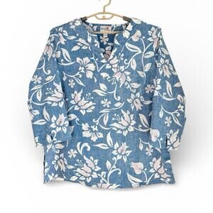 Reyn Spooner Kia Orana Tunic Top Women 2XL Blue Hawaiian Floral Reverse Print